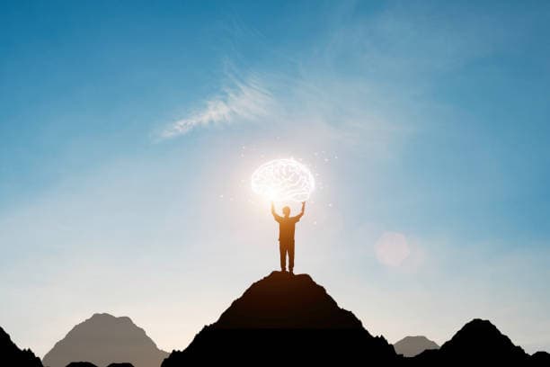 Silhouette of a person atop a mountain peak holding a glowing brain against the sky.